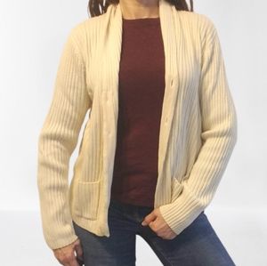 L.L. Bean Ivory Wool Ribbed Cardigan Sweater